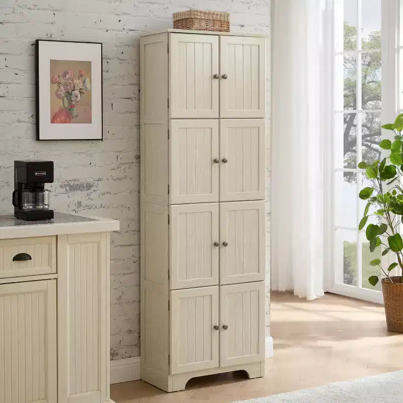 Credenza alta con 8 ante, dispensa da cucina in legno alta 183 cm con 4 ripiani, libreria a 4 livelli autoportante