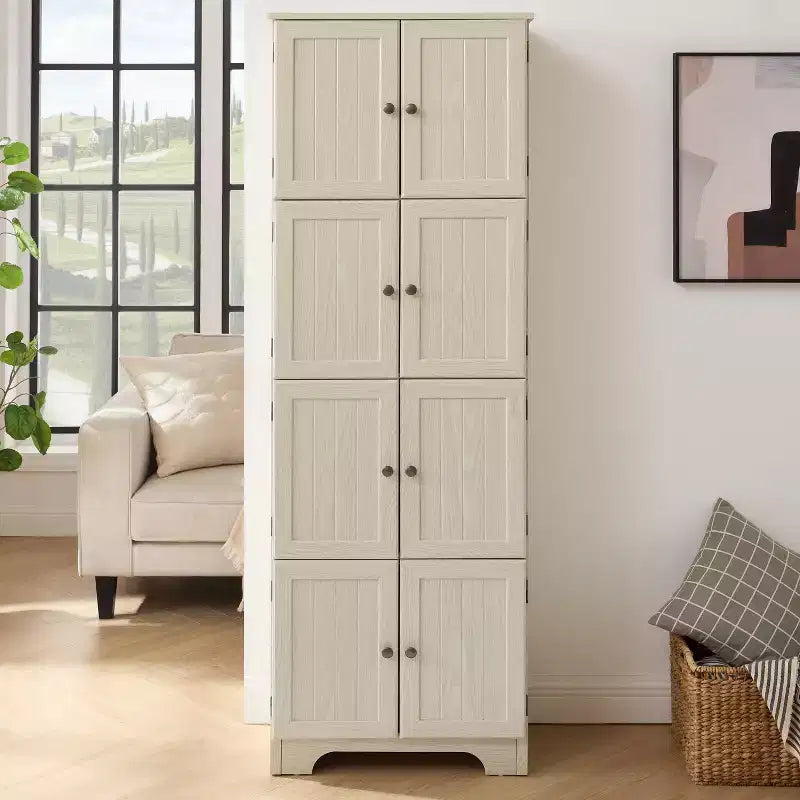 Credenza alta con 8 ante, dispensa da cucina in legno alta 183 cm con 4 ripiani, libreria a 4 livelli autoportante