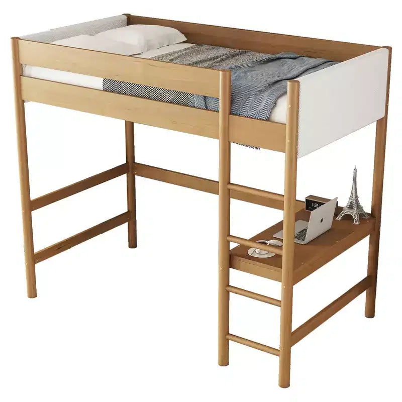Letto a soppalco matrimoniale moderno in legno di gomma con scrivania e testiera imbottita in bouclé