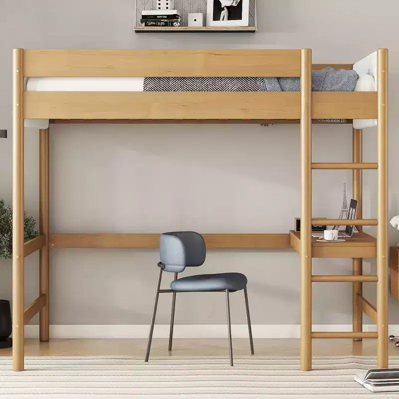 Letto a soppalco matrimoniale moderno in legno di gomma con scrivania e testiera imbottita in bouclé