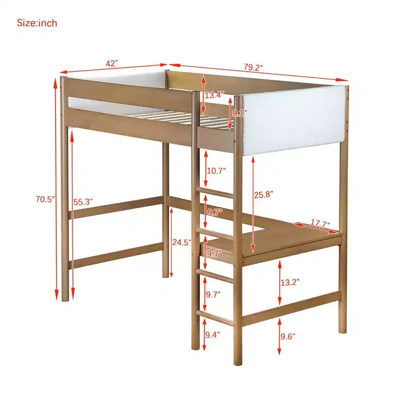 Letto a soppalco matrimoniale moderno in legno di gomma con scrivania e testiera imbottita in bouclé