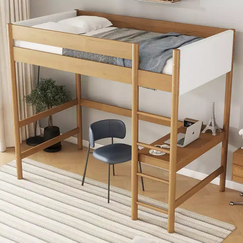 Letto a soppalco matrimoniale moderno in legno di gomma con scrivania e testiera imbottita in bouclé