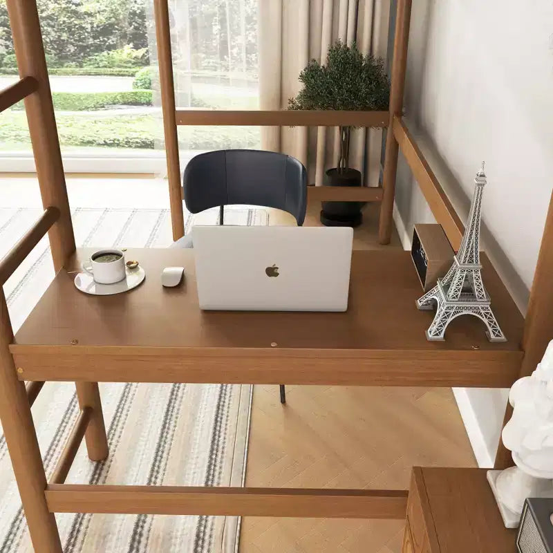 Letto a soppalco matrimoniale moderno in legno di gomma con scrivania e testiera imbottita in bouclé