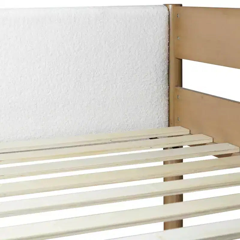 Letto a soppalco matrimoniale moderno in legno di gomma con scrivania e testiera imbottita in bouclé