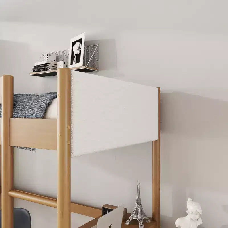Letto a soppalco matrimoniale moderno in legno di gomma con scrivania e testiera imbottita in bouclé