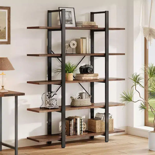 Lantine 5-Tier Bookshelf, Industrial Bookcase, Vintage Tall Book Rack, 70 H x 11 D x 47 W, for Bedroom, Living Room, Home Office, Rustic Brown