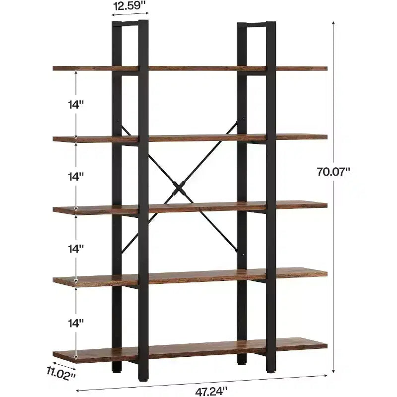 Libreria a 5 Ripiani, Scaffale Industriale, Scaffale Alto Vintage, 178 A x 28 P x 119 L cm, per Camera da Letto, Soggiorno, Ufficio, Marrone Rustico