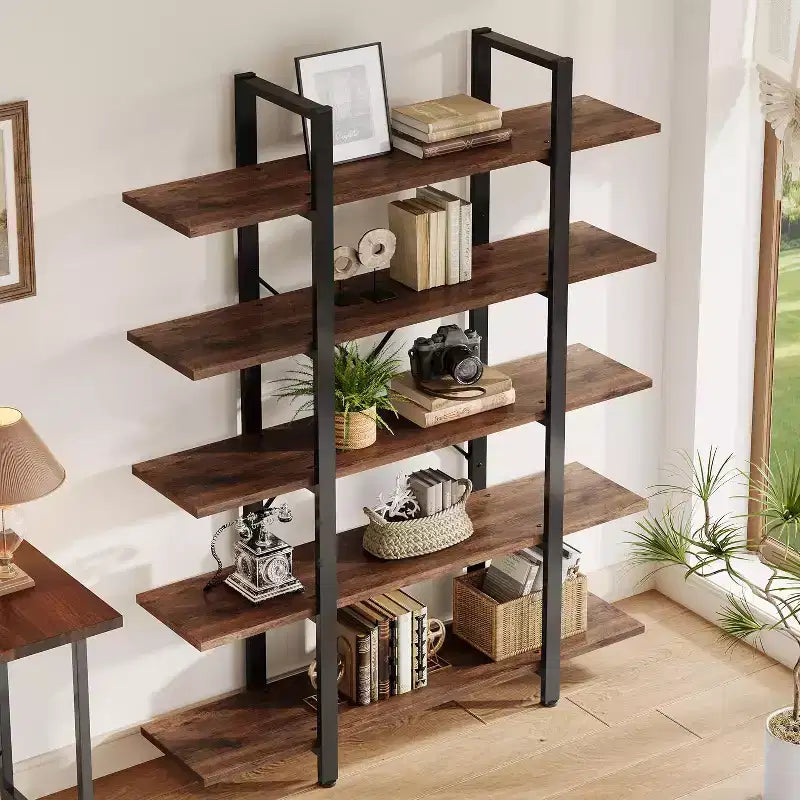 Libreria a 5 Ripiani, Scaffale Industriale, Scaffale Alto Vintage, 178 A x 28 P x 119 L cm, per Camera da Letto, Soggiorno, Ufficio, Marrone Rustico
