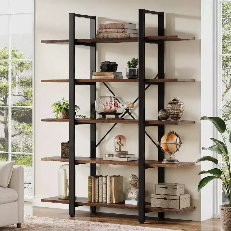 Libreria a 5 Ripiani, Scaffale Industriale, Scaffale Alto Vintage, 178 A x 28 P x 119 L cm, per Camera da Letto, Soggiorno, Ufficio, Marrone Rustico