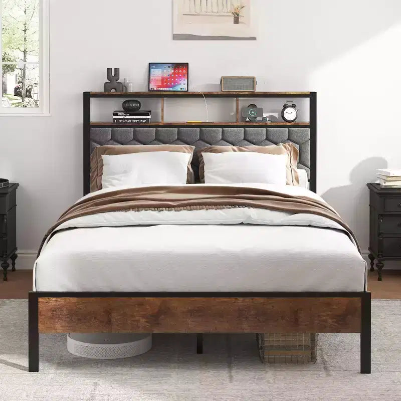 Letto a piattaforma matrimoniale/Queen/King con testiera imbottita, giroletto in legno con contenitore e 2 porte USB, ampio contenitore sotto il letto, marrone