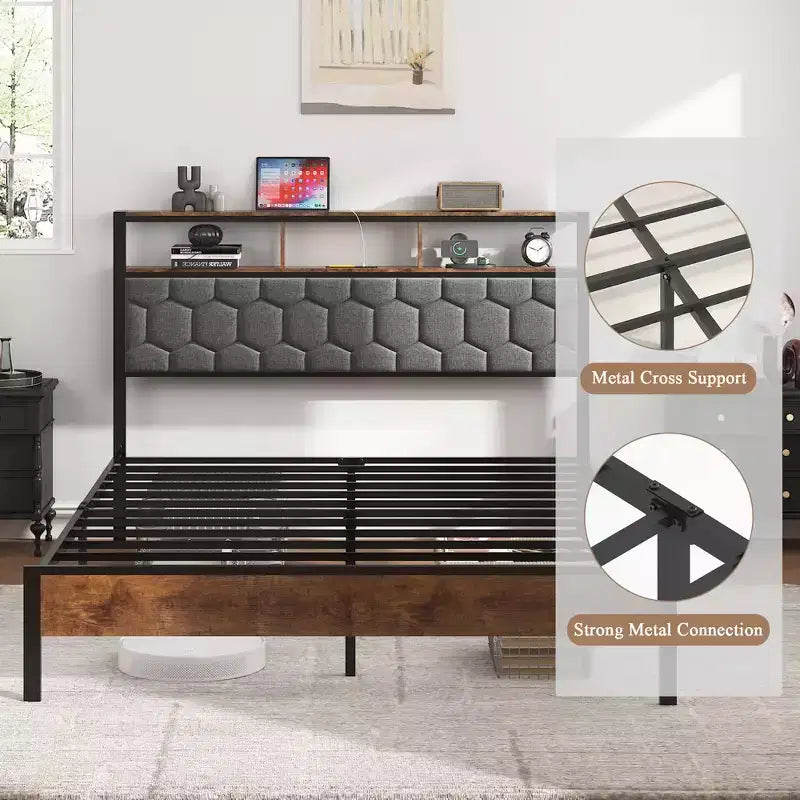 Letto a piattaforma matrimoniale/Queen/King con testiera imbottita, giroletto in legno con contenitore e 2 porte USB, ampio contenitore sotto il letto, marrone