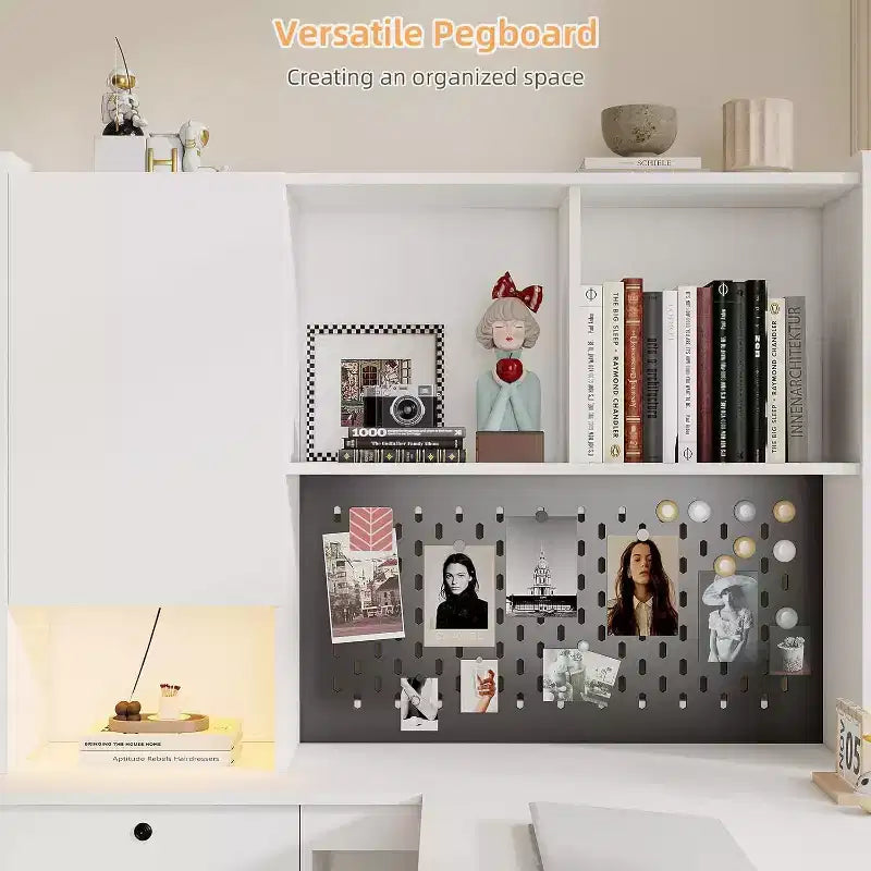 Scrivania angolare a L in legno con stazione di ricarica, luce LED, cassetti e libreria, moderna, per computer, per ufficio, gaming, bianca