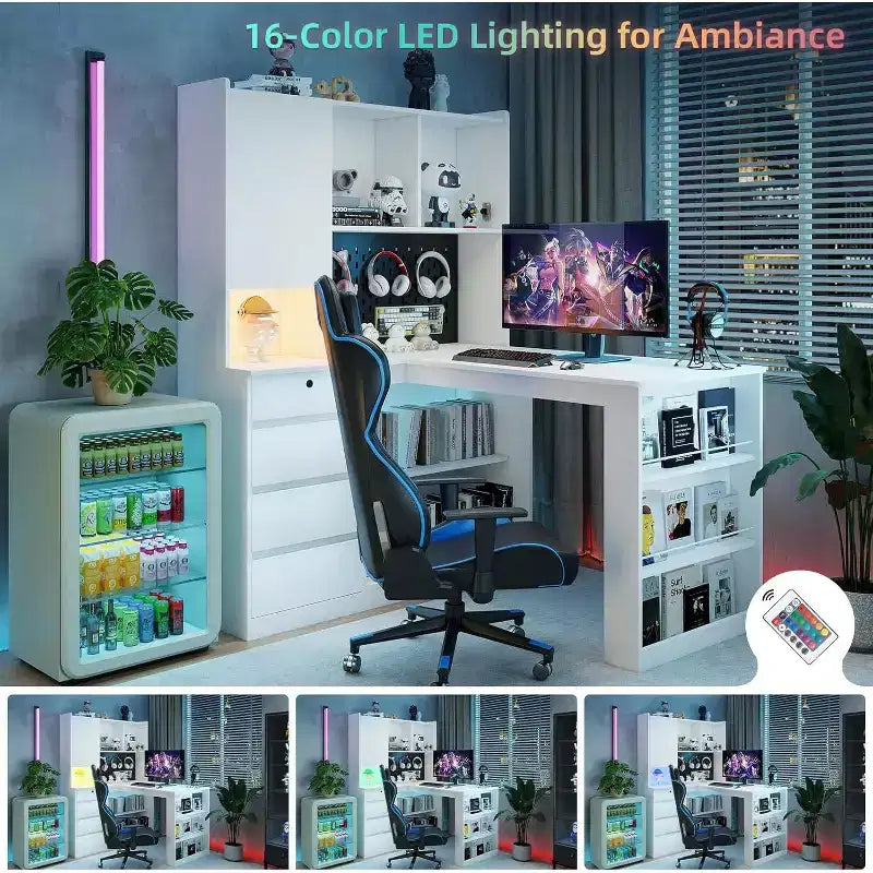 Scrivania angolare a L in legno con stazione di ricarica, luce LED, cassetti e libreria, moderna, per computer, per ufficio, gaming, bianca