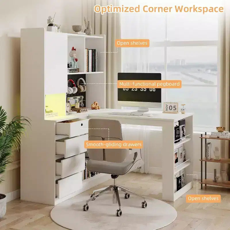 Scrivania angolare a L in legno con stazione di ricarica, luce LED, cassetti e libreria, moderna, per computer, per ufficio, gaming, bianca