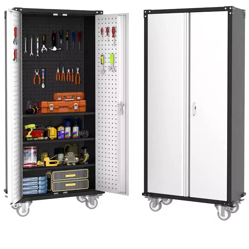 Armadio portautensili mobile in acciaio resistente da 72" con serratura e pannello forato, 4 ripiani regolabili, organizer portatile per garage, officina e casa