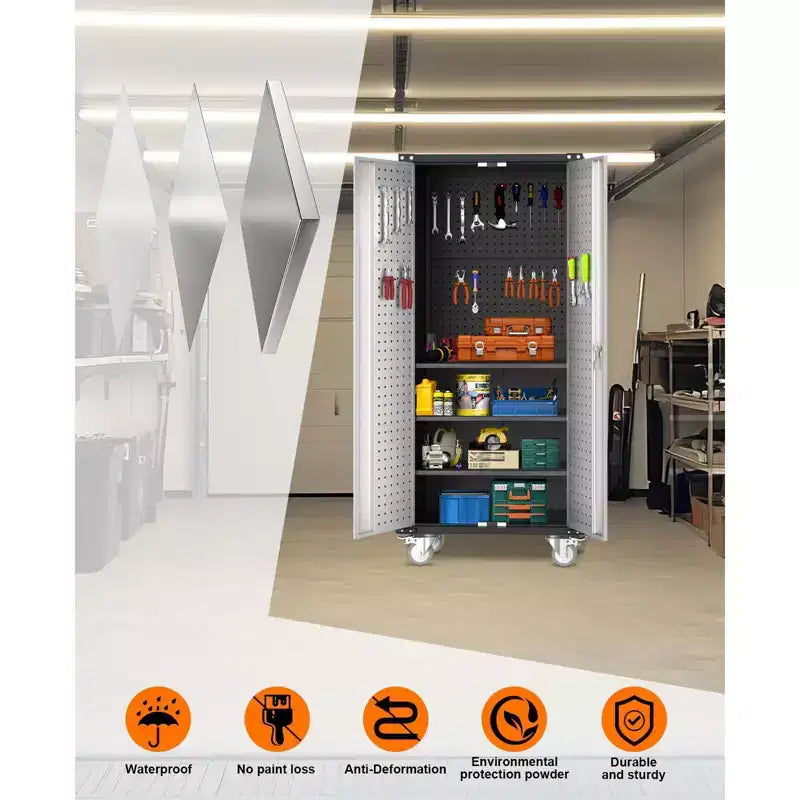 Armadio portautensili mobile in acciaio resistente da 72" con serratura e pannello forato, 4 ripiani regolabili, organizer portatile per garage, officina e casa
