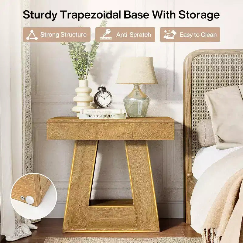 Set di 2 tavolini moderni da 60 cm, tavolino stretto a 2 ripiani in legno con base a trapezio per soggiorno, camera da letto, colore legno naturale