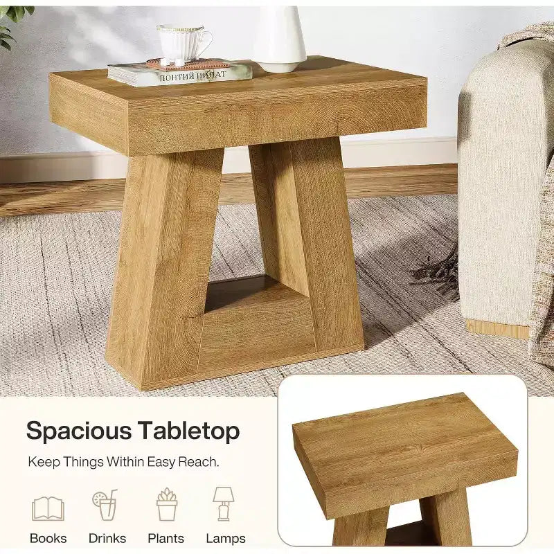 Set di 2 tavolini moderni da 60 cm, tavolino stretto a 2 ripiani in legno con base a trapezio per soggiorno, camera da letto, colore legno naturale