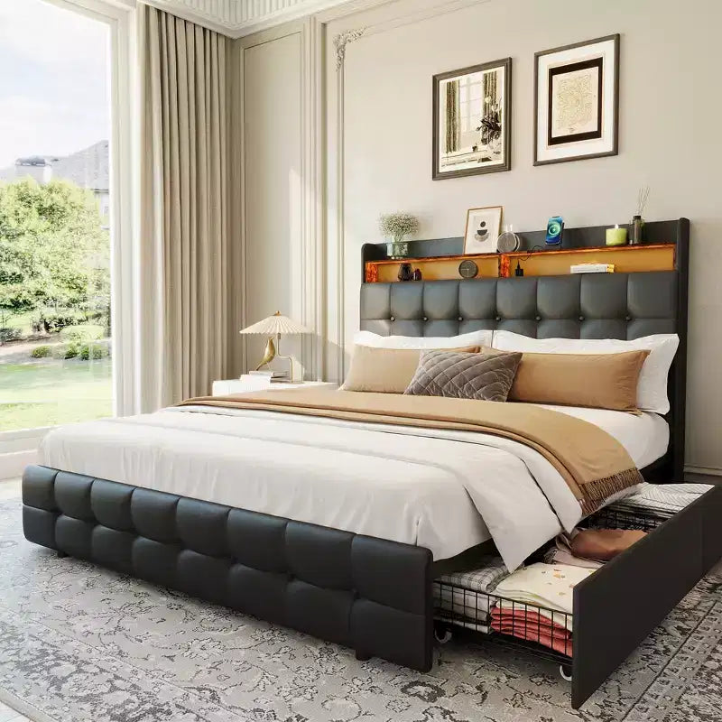 Full Size Upholstered Bed Frame with Headboard  2 Storage Drawers