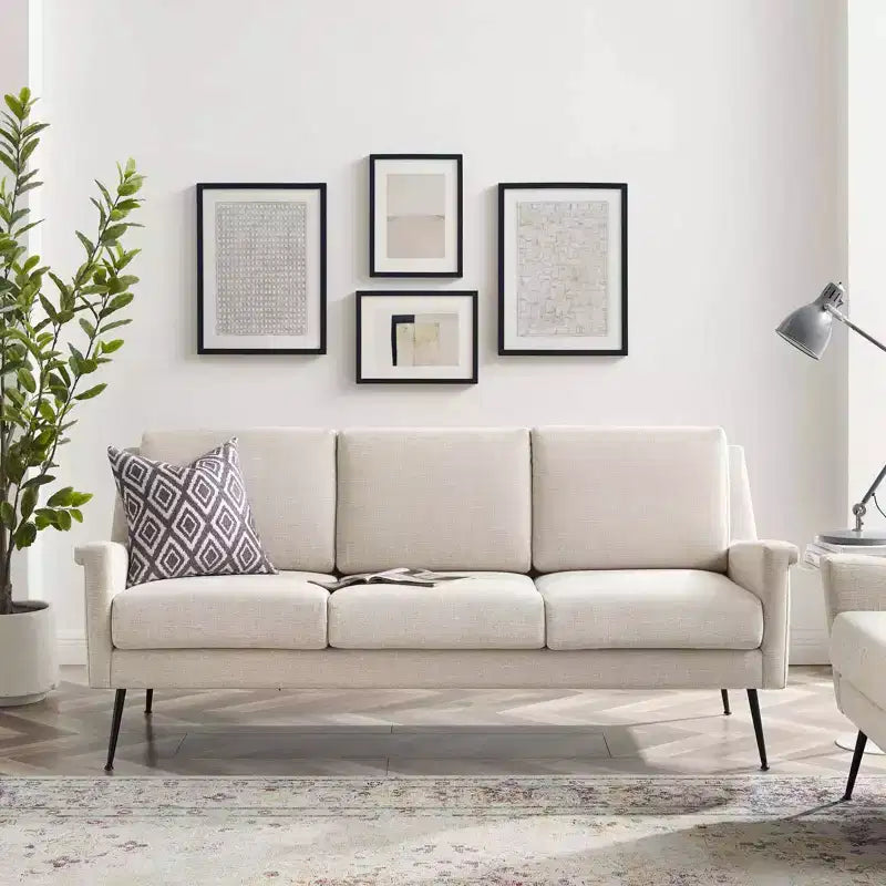 Divano in Tessuto Nero/Beige - Rivestimento in Poliestere, Struttura in Metallo, Stile Moderno, 3 Posti