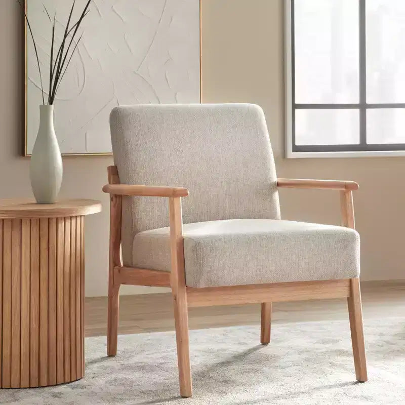 Poltrona d'Appoggio Imbottita con Struttura in Legno Massello Naturale/Beige