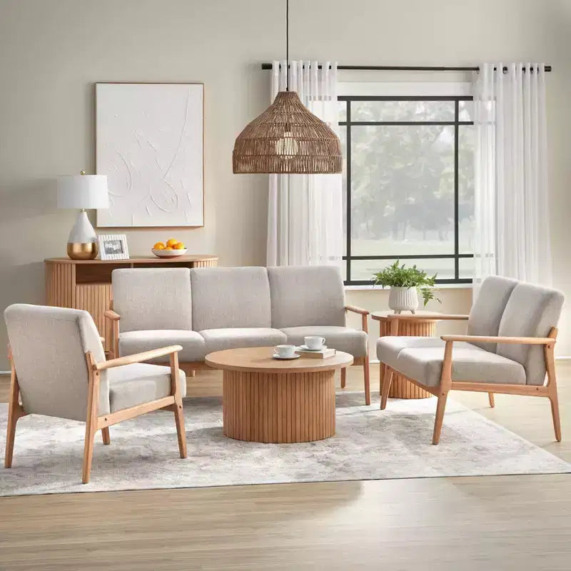 Poltrona d'Appoggio Imbottita con Struttura in Legno Massello Naturale/Beige