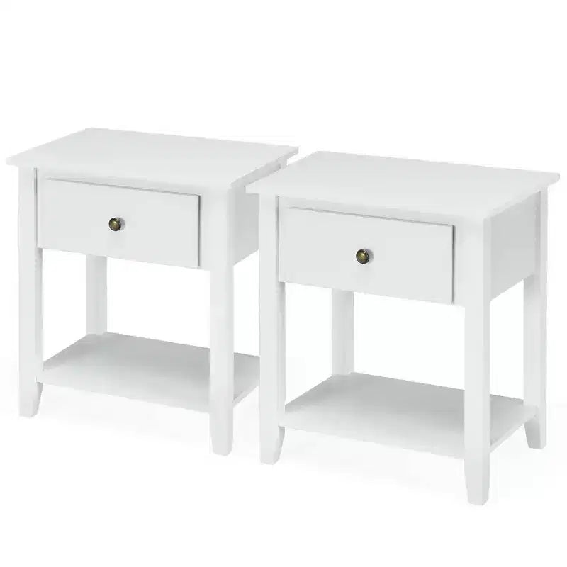 Costway 2PCS Nightstand Sofa End Side Table W/ Storage Drawer Bottom Shelf White