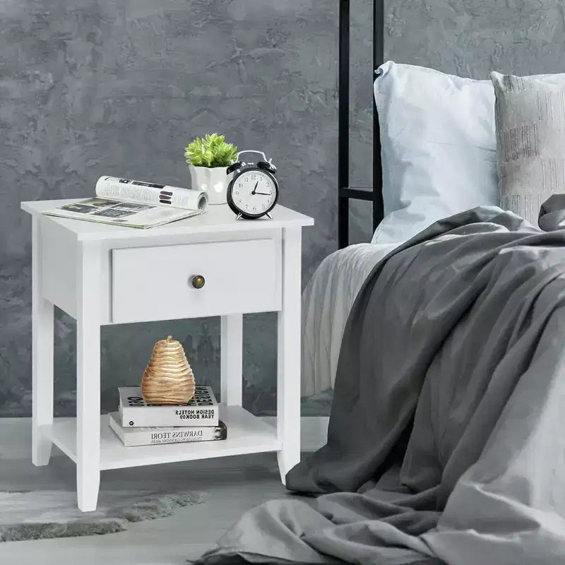 2 comodini/tavolini laterali da divano con cassetto portaoggetti e ripiano inferiore, colore bianco