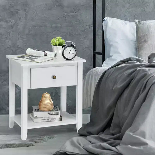 2 comodini/tavolini laterali da divano con cassetto portaoggetti e ripiano inferiore, colore bianco