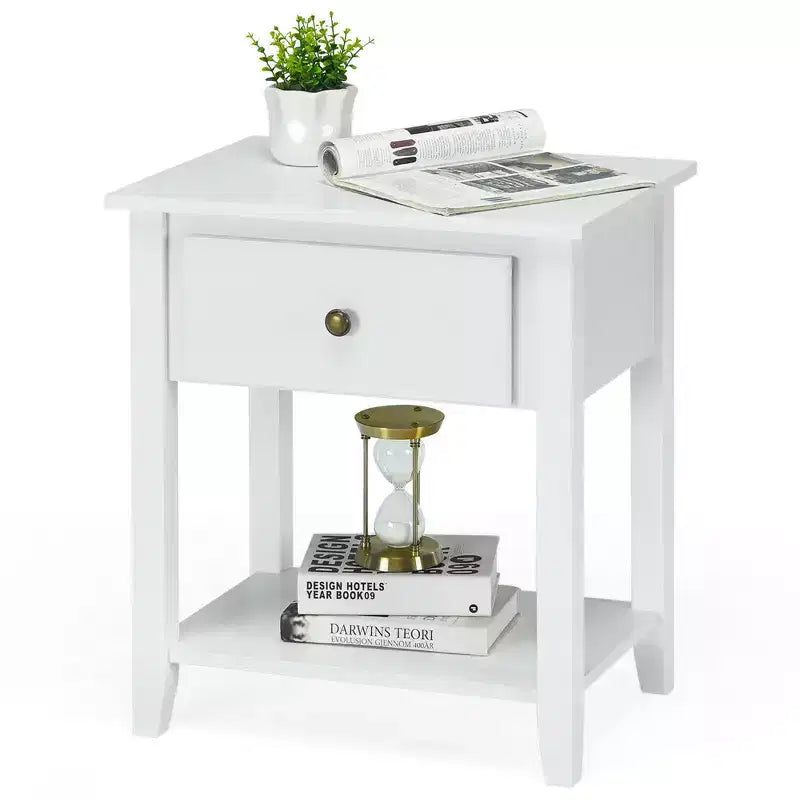 2 comodini/tavolini laterali da divano con cassetto portaoggetti e ripiano inferiore, colore bianco