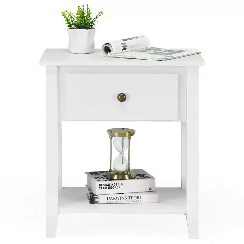 2 comodini/tavolini laterali da divano con cassetto portaoggetti e ripiano inferiore, colore bianco