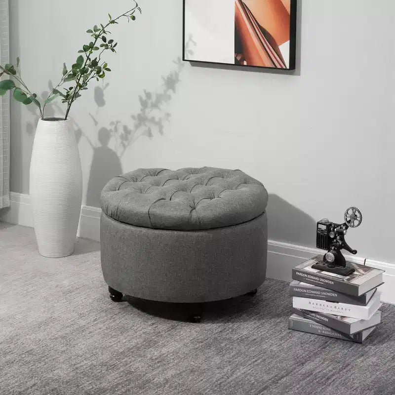 Poggiapiedi Pouf Contenitore Rotondo in Tessuto Effetto Lino, con Bottone Trapuntato e Coperchio Rimovibile, per Soggiorno, Ingresso o Camera da Letto, grigio