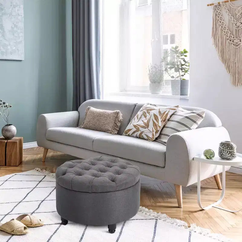 Poggiapiedi Pouf Contenitore Rotondo in Tessuto Effetto Lino, con Bottone Trapuntato e Coperchio Rimovibile, per Soggiorno, Ingresso o Camera da Letto, grigio