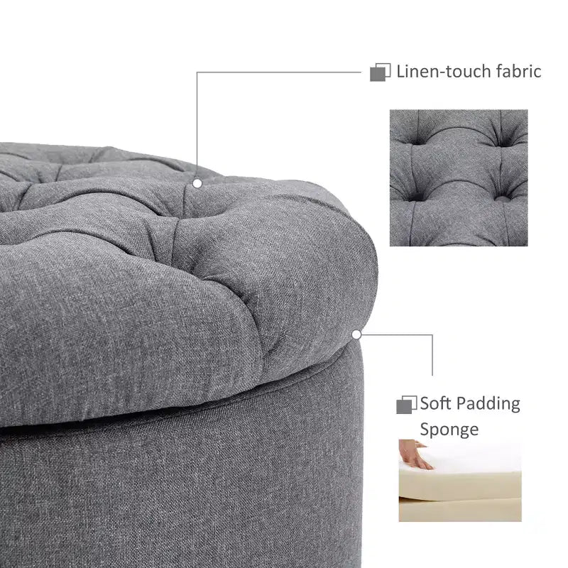 Poggiapiedi Pouf Contenitore Rotondo in Tessuto Effetto Lino, con Bottone Trapuntato e Coperchio Rimovibile, per Soggiorno, Ingresso o Camera da Letto, grigio