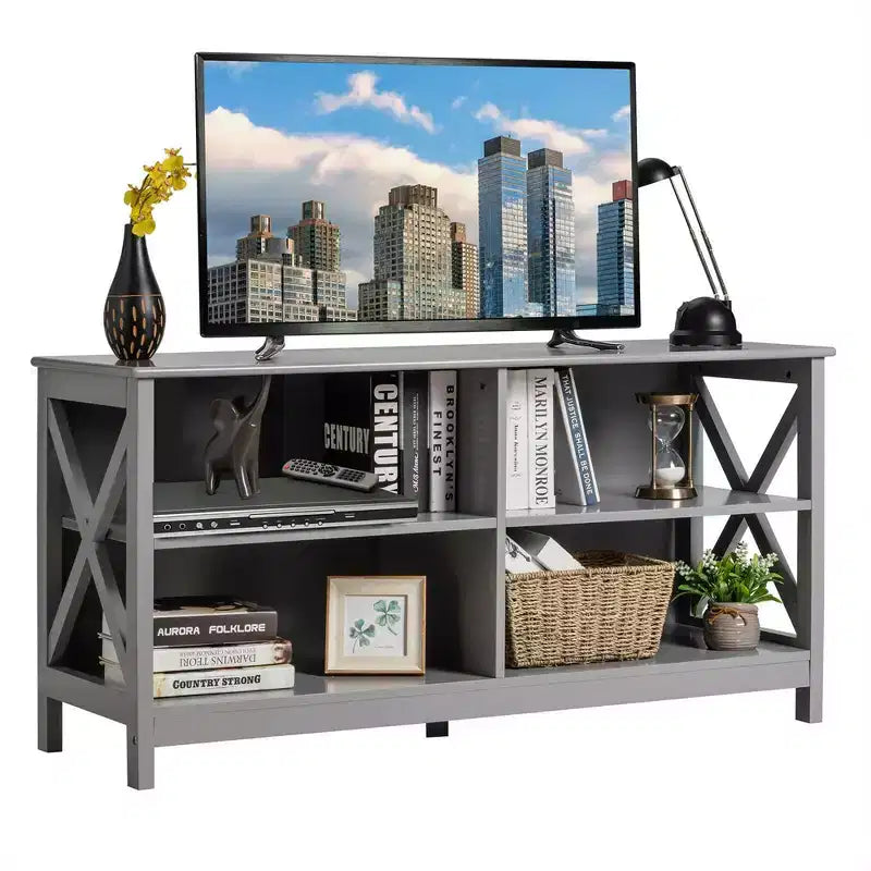 Mobile TV per centri multimediali e TV fino a 55'' con ripiani portaoggetti marrone/grigio/bianco