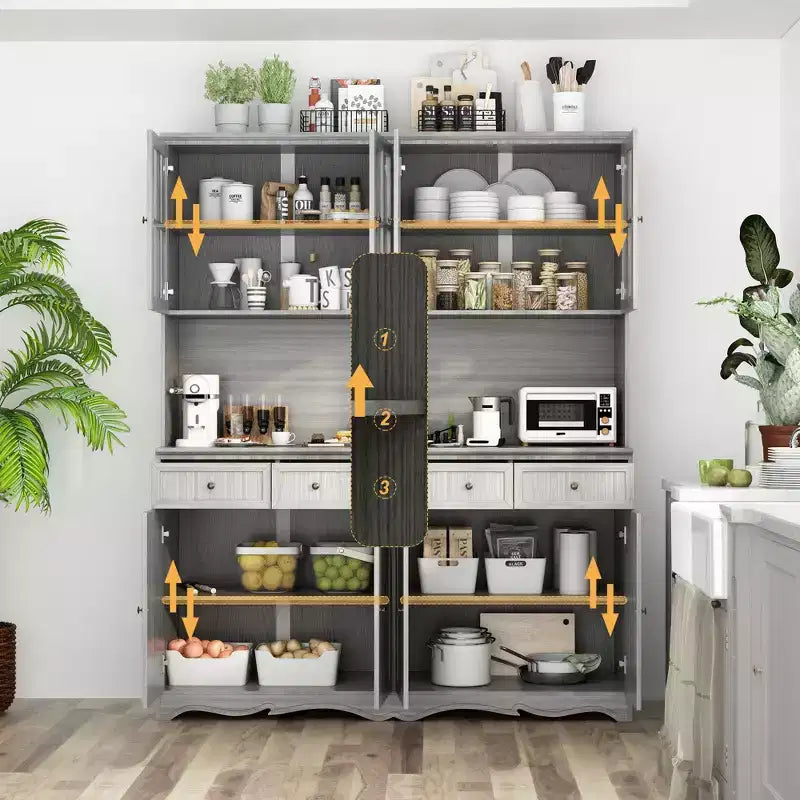 61.2W Credenza Grigia con Pensile Buffet Mobile Dispensa Cucina con Bordo Base Decorato: Un Mix di Eleganza e Utilità