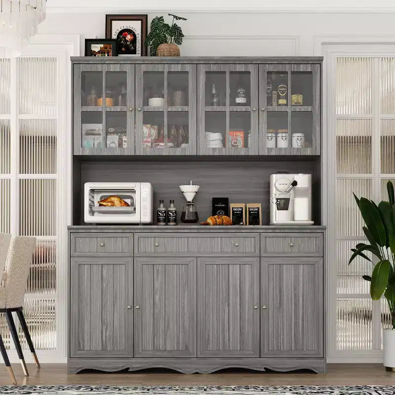 61.2W Credenza Grigia con Pensile Buffet Mobile Dispensa Cucina con Bordo Base Decorato: Un Mix di Eleganza e Utilità