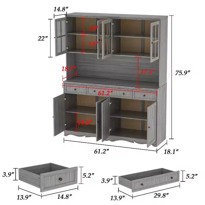 61.2W Credenza Grigia con Pensile Buffet Mobile Dispensa Cucina con Bordo Base Decorato: Un Mix di Eleganza e Utilità