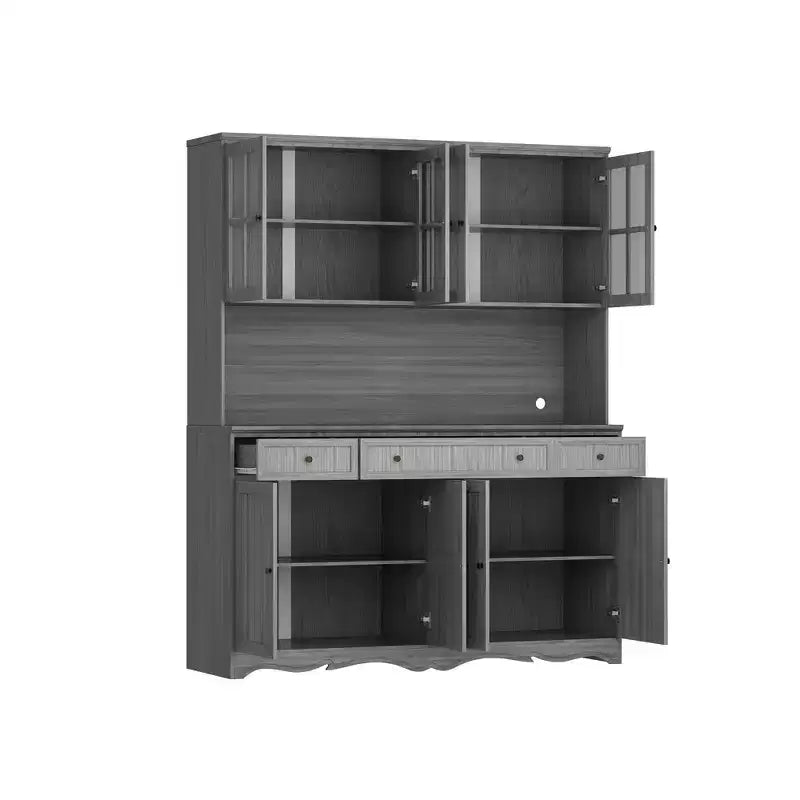 61.2W Credenza Grigia con Pensile Buffet Mobile Dispensa Cucina con Bordo Base Decorato: Un Mix di Eleganza e Utilità