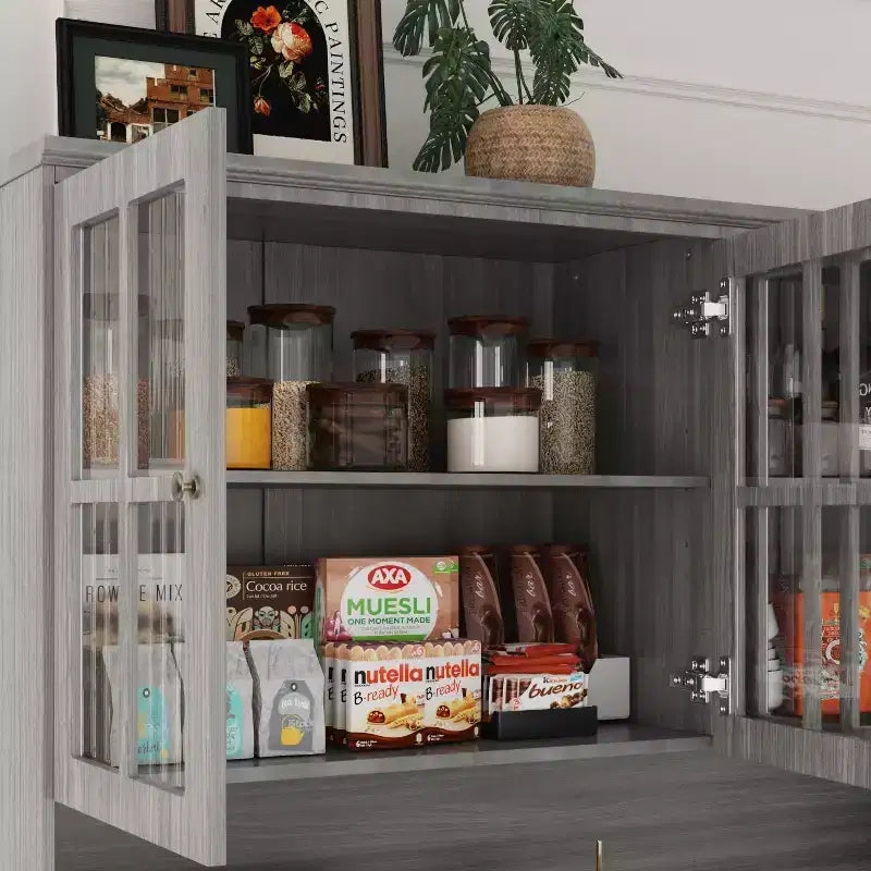 61.2W Credenza Grigia con Pensile Buffet Mobile Dispensa Cucina con Bordo Base Decorato: Un Mix di Eleganza e Utilità